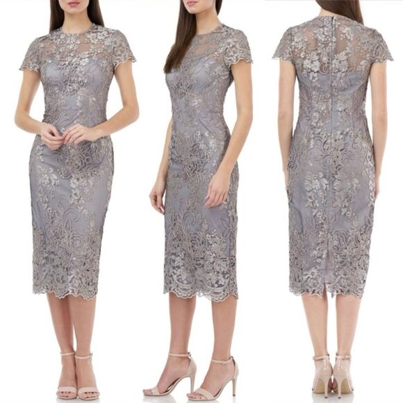 NWT JS Collections Size 8 Lace Embroidered Sheath Dress Taupe Illusion Overlay - Picture 14 of 14